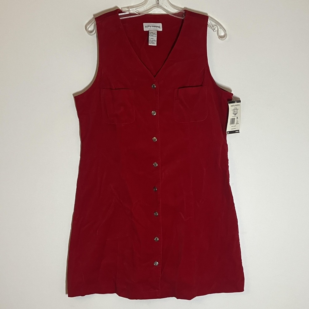 Kathy Ireland Dress Womens Large Red Button Front Sleeveless Cotton‎ Pockets